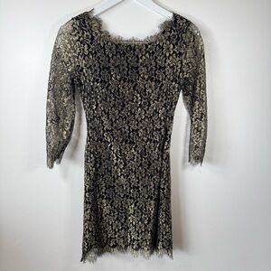 Diane von Furstenberg Black Gold Metallic Lace Sheath Dress Size 2